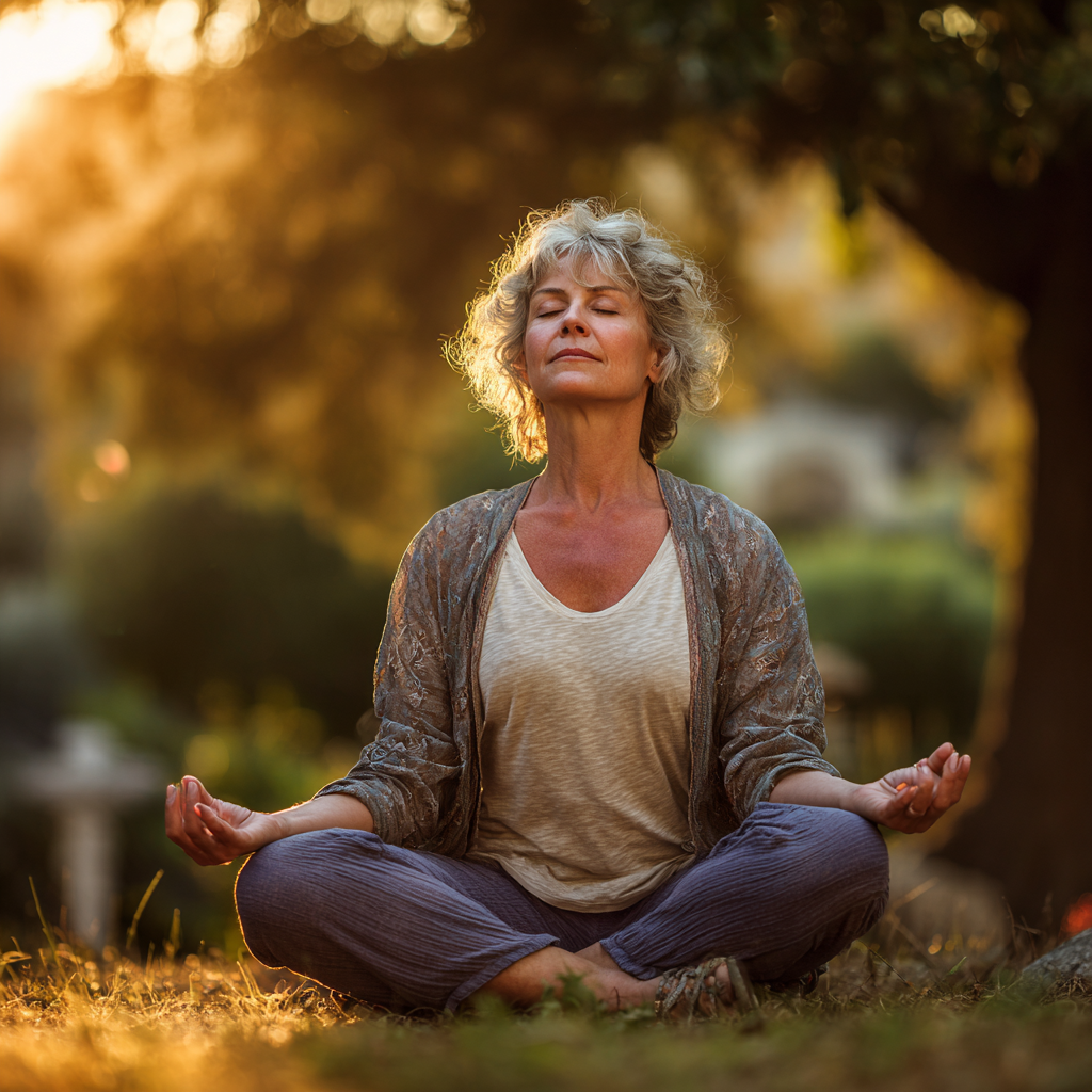Middle-aged woman practicing gentle yoga poses in natural outdoor setting