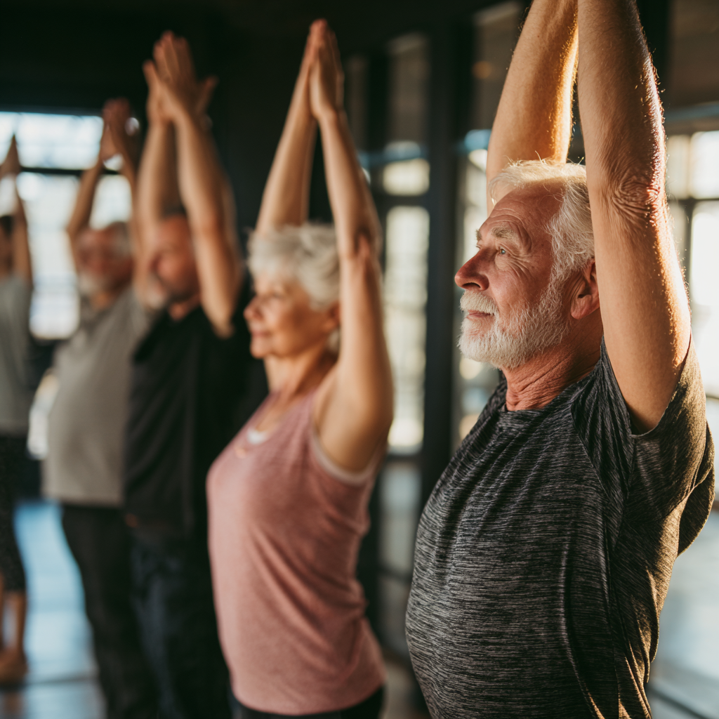 Senior adults in comfortable yoga practice session with natural lighting
